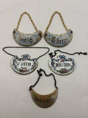 5 STAFFORDSHIRE ENGLAND SHERRY BOURBON SCOTCH DECANTER TAGS LIMOGES BONE SHELL